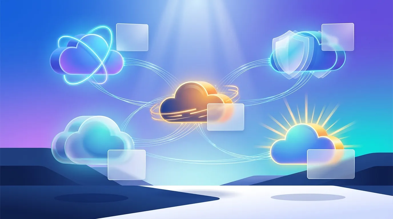 Nuages colorés connectés par des lignes de données numériques
