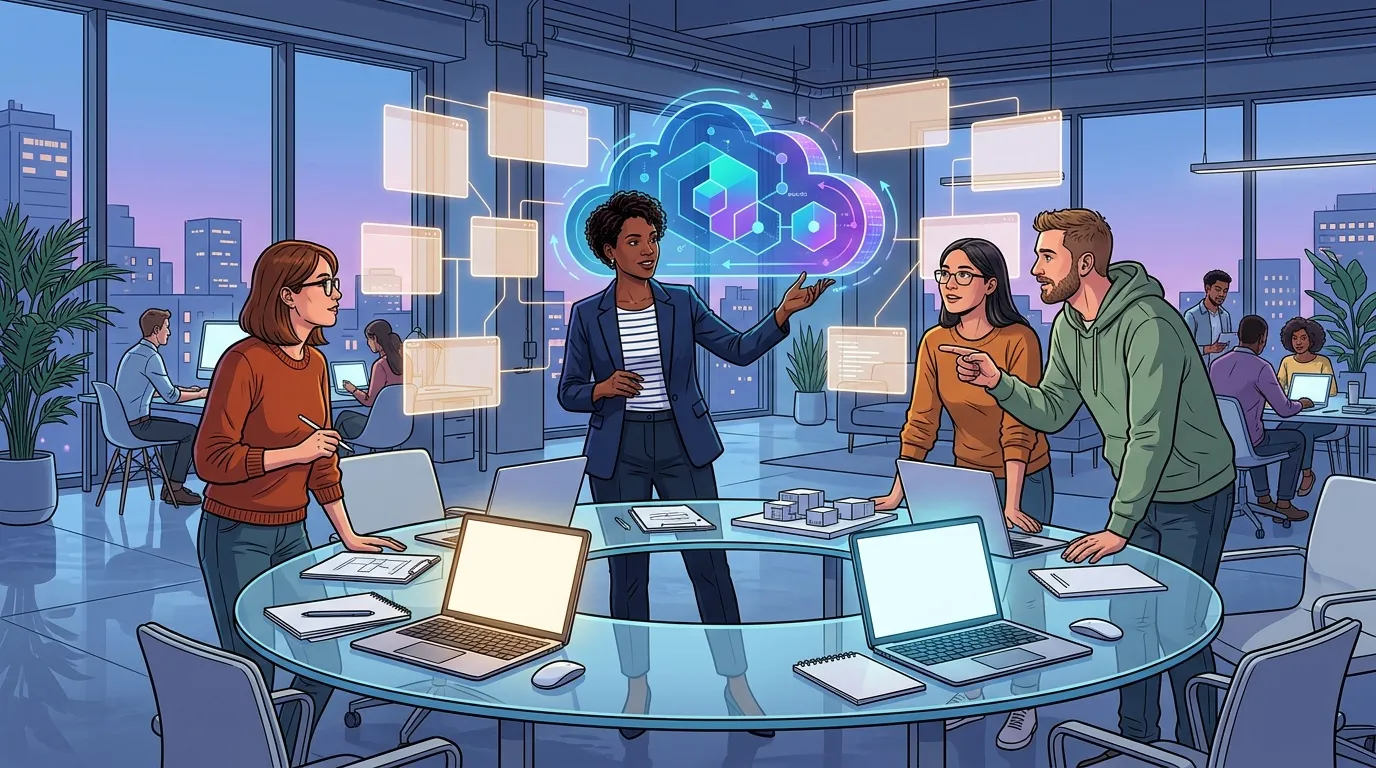 Équipe travaillant autour d’une table avec technologie cloud interactive