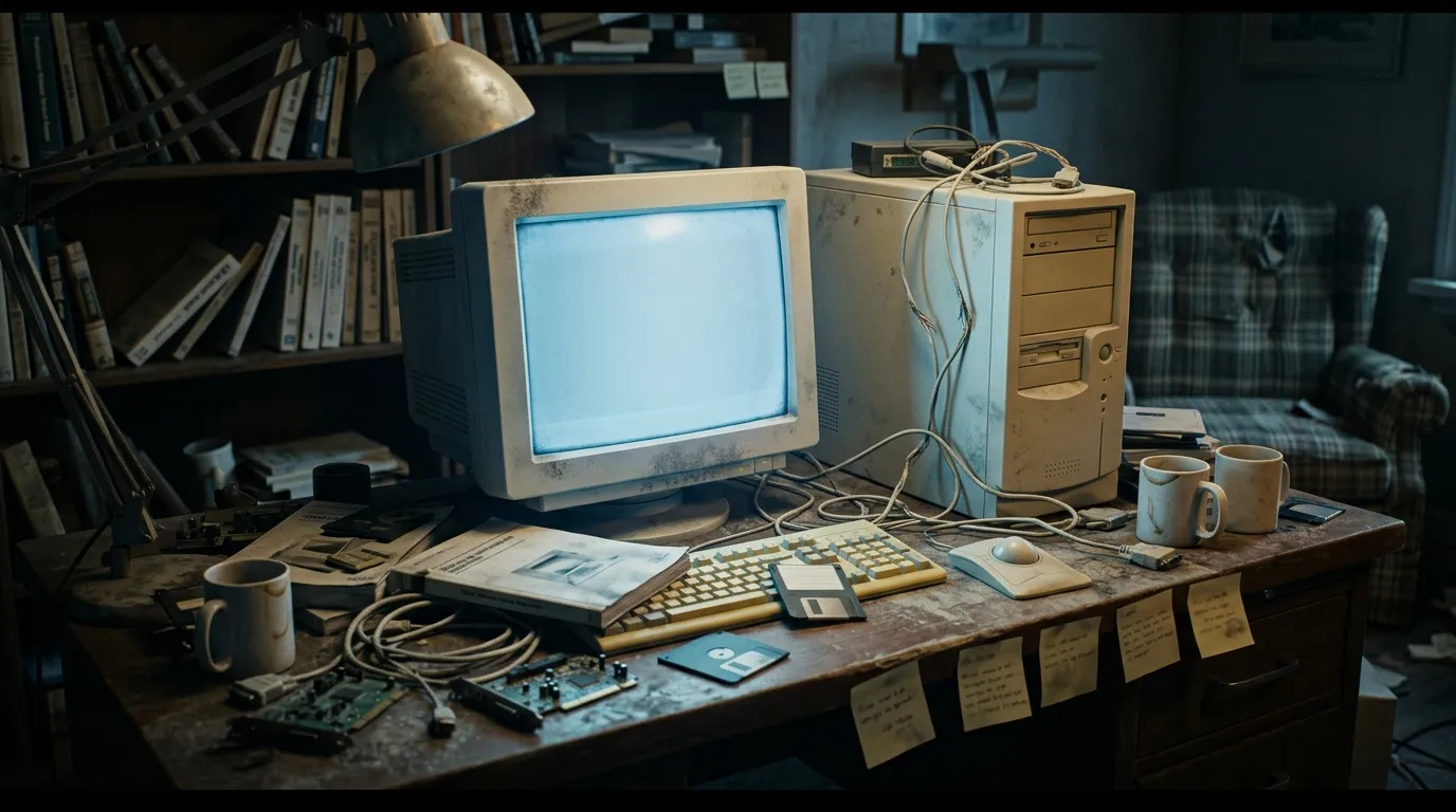 Ancien ordinateur de bureau avec moniteur CRT et équipements informatiques vintage