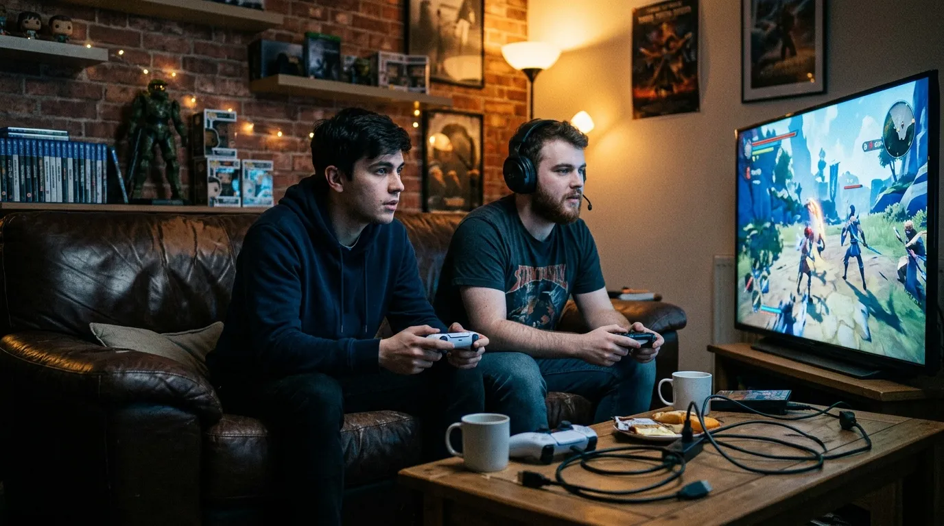 Deux hommes jouent aux jeux vidéo ensemble sur console