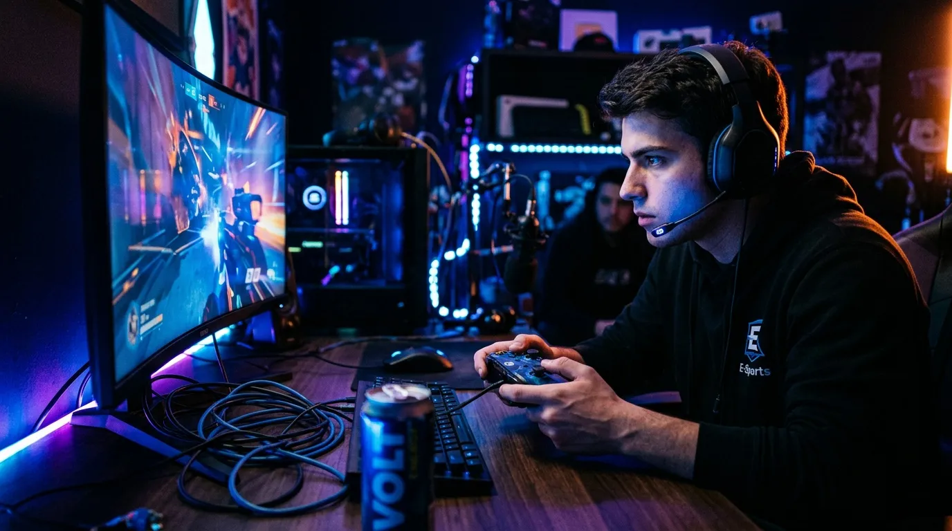 Jeune homme avec casque jouant aux jeux vidéo compétitifs