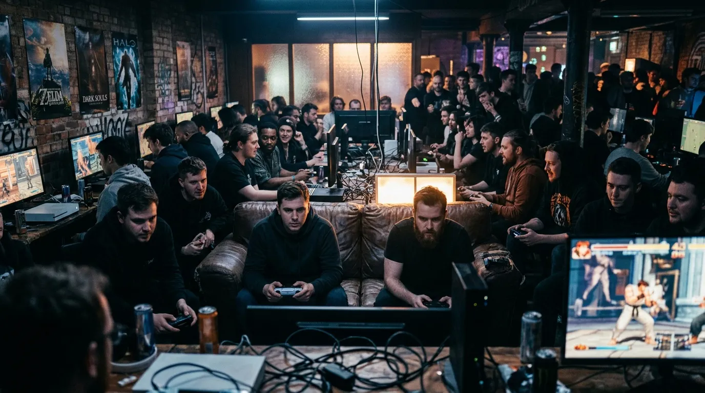 Groupe de joueurs réunis dans un bar gaming avec consoles
