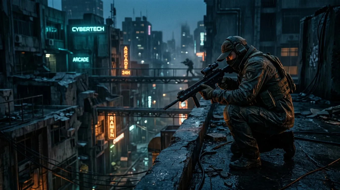 Soldat armé sur un toit dans une ambiance nocturne