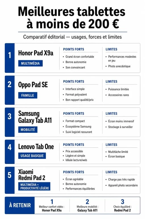 Infographie comparative des meilleures tablette à moins de 200 euros