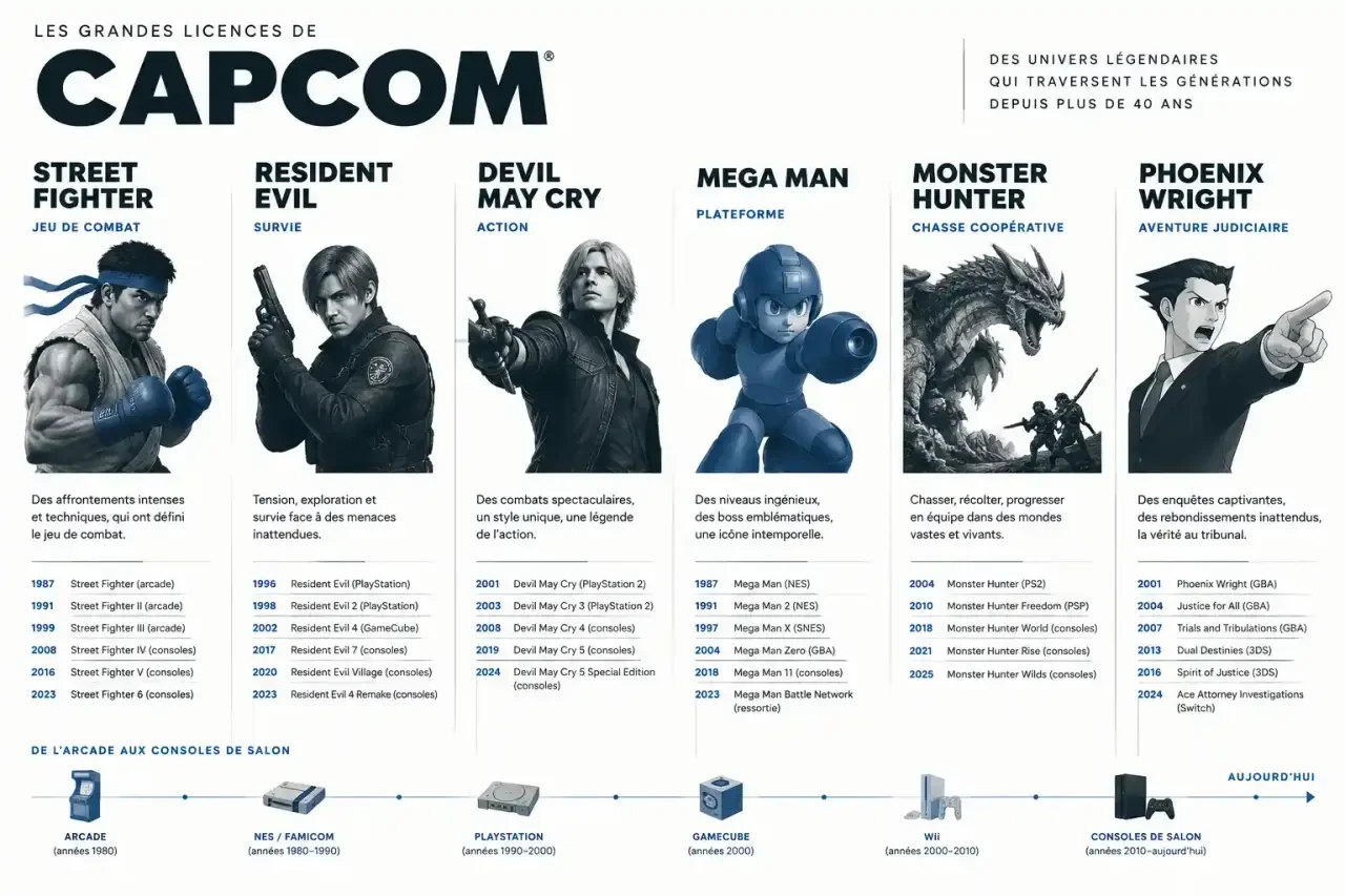 Les grandes licences des jeux vidéo de Capcom classées par genre sur une frise chronologique