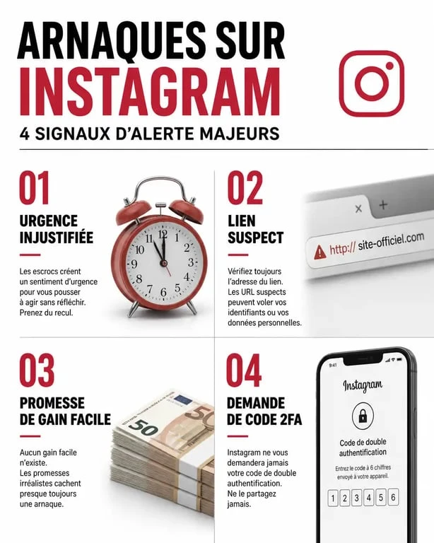 Infographie des signaux d'alerte pour identifier une arnaque Instagram