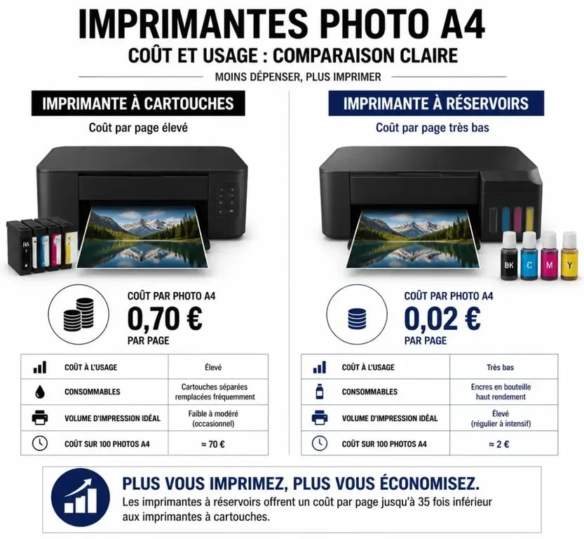 Comparatif des coûts d'impression entre imprimante photo A4 à cartouches et à réservoirs d'encre