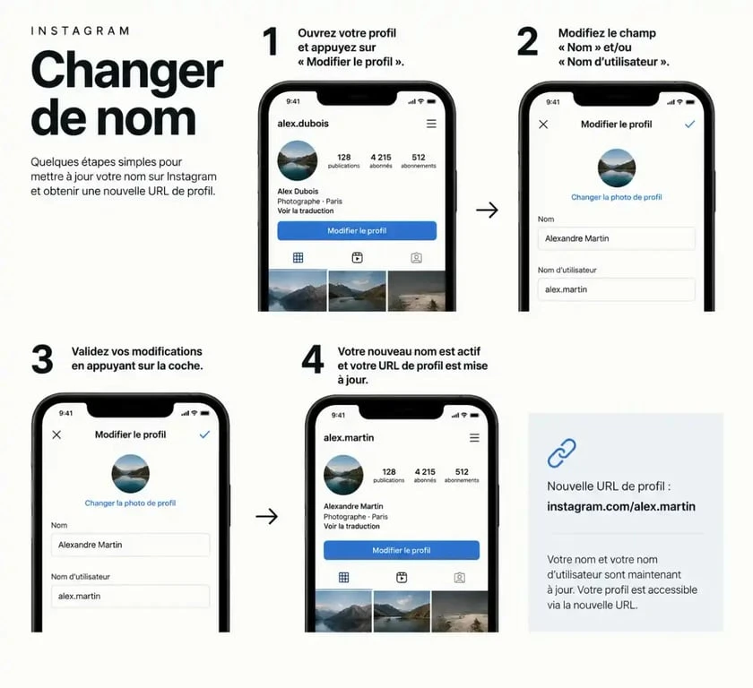 Illustration des étapes du changement de nom sur Instagram depuis le profil