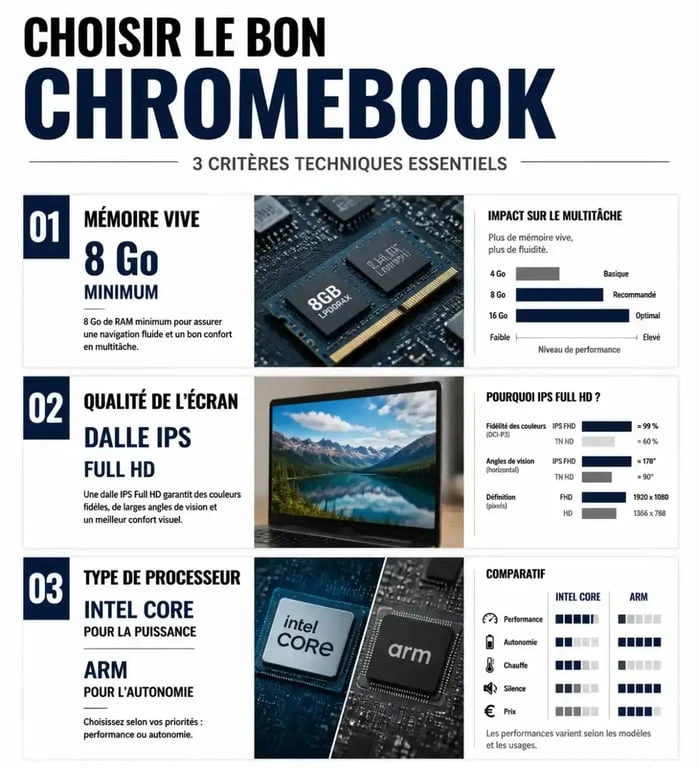 Infographie des critères techniques pour choisir le meilleur Chromebook : RAM, écran et processeur.