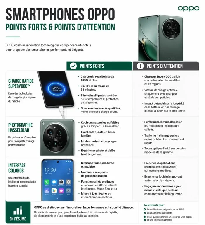 Infographie comparative des points forts et limites des smartphones OPPO pour aider à choisir son modèle.