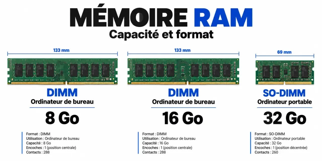 Quelle RAM pour mon PC : comparatif des formats DIMM et SO-DIMM et capacités 8 16 32 Go