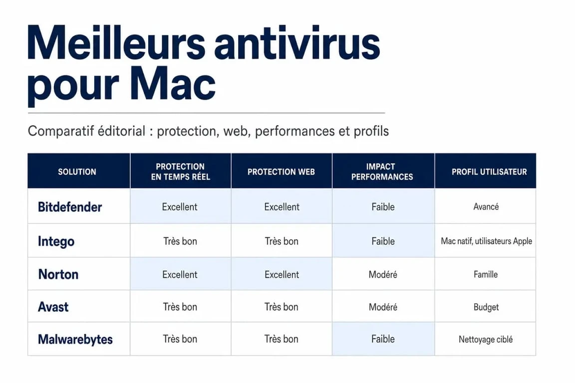 Comparatif des meilleurs antivirus pour Mac selon la protection web, la détection et le profil d’usage
