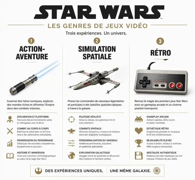 Infographie comparative des genres de jeux vidéo Star Wars : action-aventure, simulation spatiale et classiques rétro.