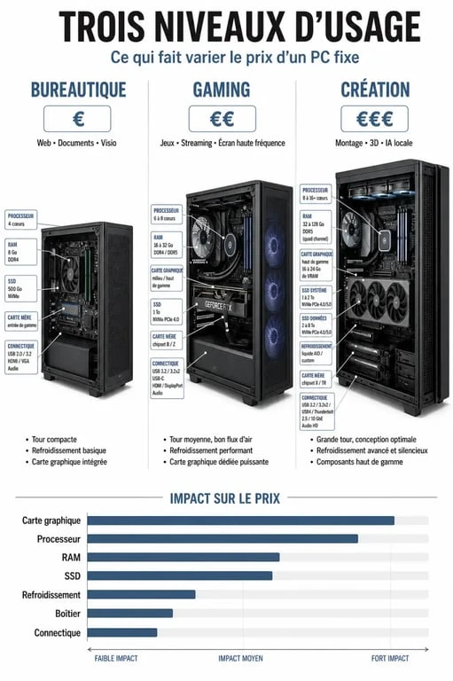 Tour ordinateur prix : trois configurations de tour d’ordinateur selon l’usage, de la bureautique au gaming