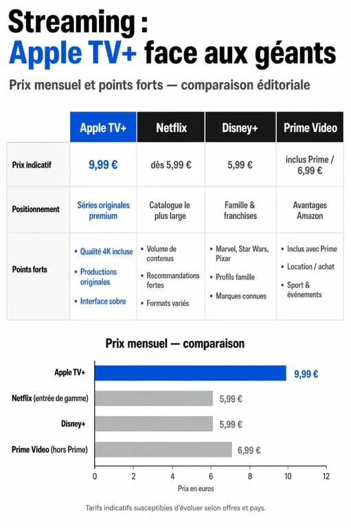 Infographie comparative des services de streaming Apple TV+ face à la concurrence pour aider à choisir son abonnement.