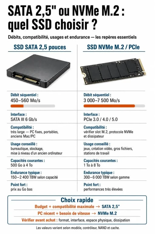 Quel ssd choisir : infographie comparative entre SSD SATA et SSD NVMe M.2 avec les critères de compatibilité, vitesse et capacité