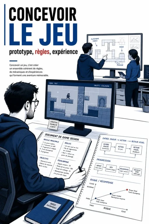 Conception de jeux vidéo en studio avec prototype, game design document et équipe de développement