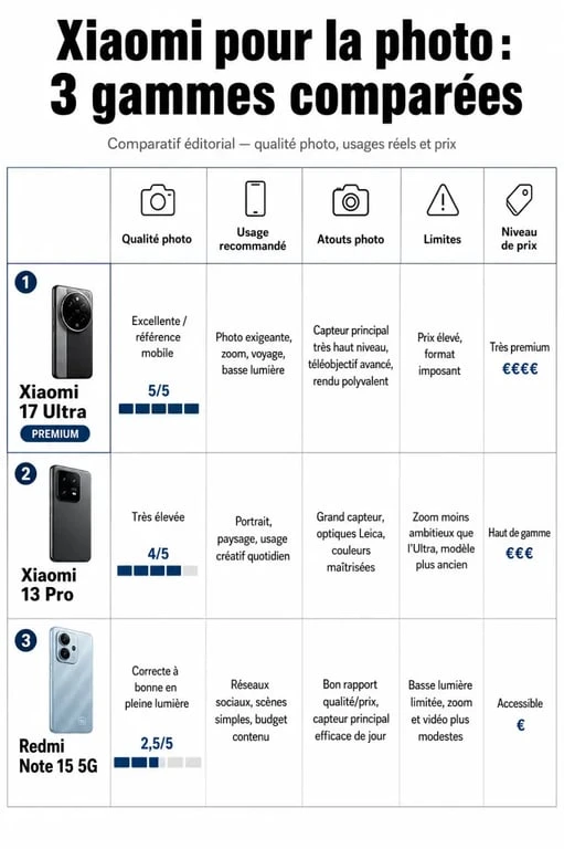 Quel Xiaomi choisir pour la photo : infographie comparative des Xiaomi 13 Pro, Xiaomi 17 Ultra et Redmi Note 15 5G