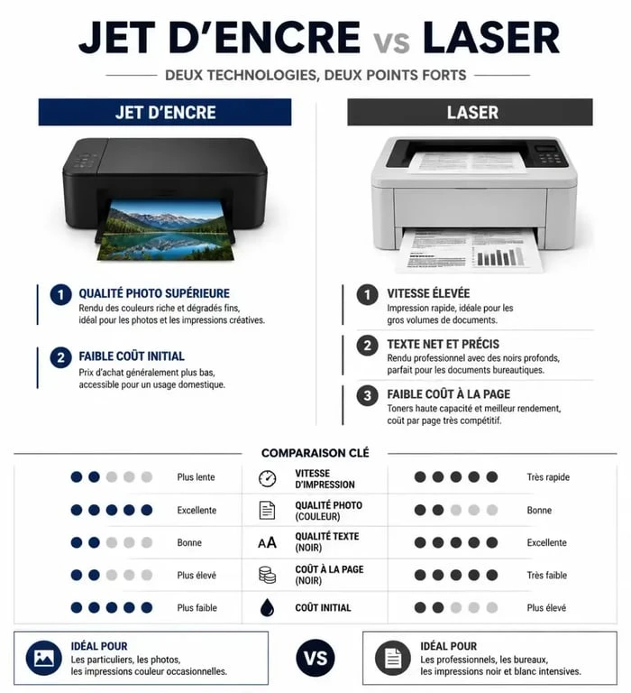 Infographie comparative des avantages et inconvénients entre imprimante jet d'encre ou laser pour aider au choix