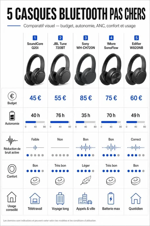 Comparatif des meilleurs casque bluetooth pas cher avec autonomie, ANC et confort