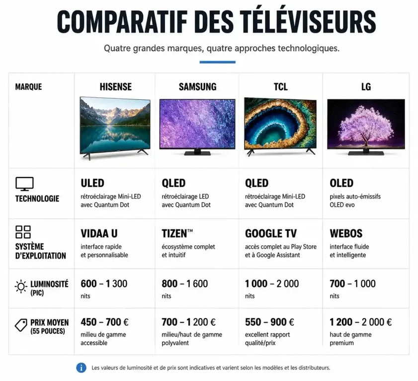 Comparatif technique des téléviseurs Hisense, Samsung, TCL et LG pour aider à choisir sa TV