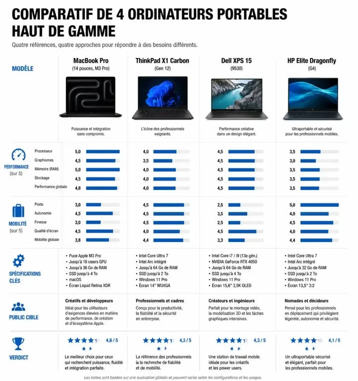 Infographie comparative des meilleurs ordinateurs portables pour professionnel : MacBook Pro, ThinkPad, Dell XPS et HP Elite Dragonfly