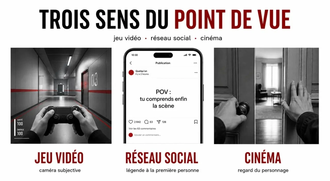 Signification de pov jeux vidéo : schéma comparant POV en gaming, sur TikTok et au cinéma