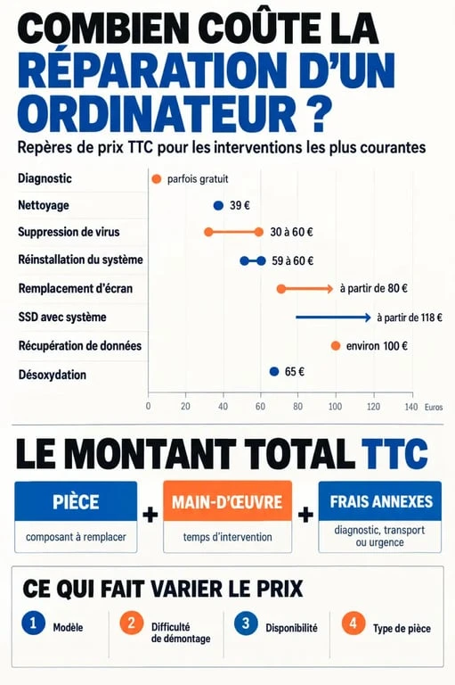 Infographie sur le prix de la réparation d’un ordinateur selon la panne et les frais de main-d’œuvre