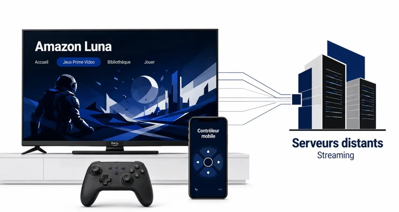 Amazon cloud gaming sur Fire TV avec Prime Video et manette dans un salon