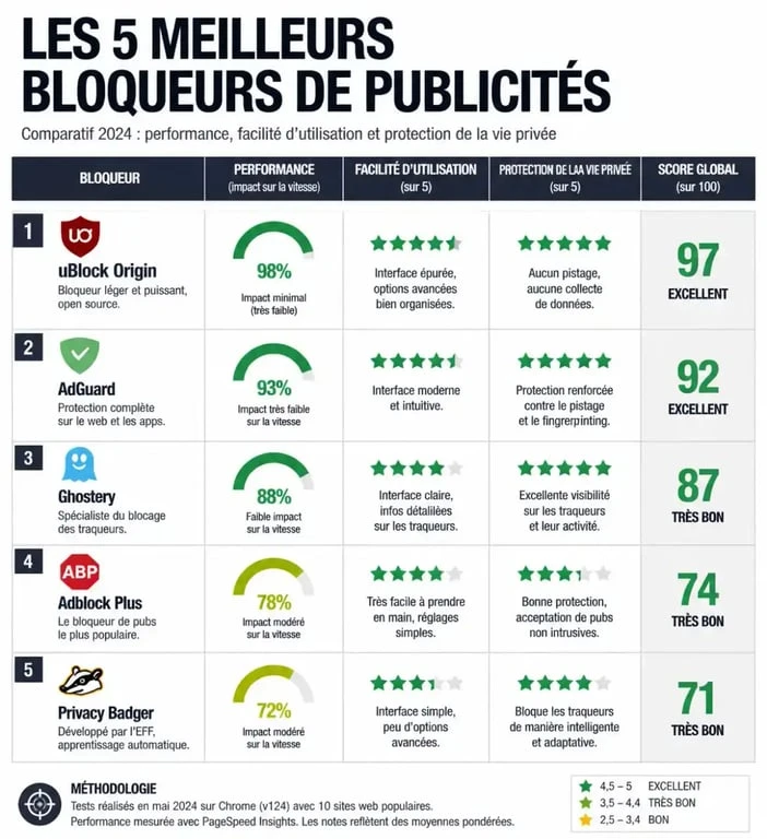 Comparatif des meilleurs bloqueurs de pub : uBlock Origin, AdGuard, Ghostery, Adblock Plus et Privacy Badger