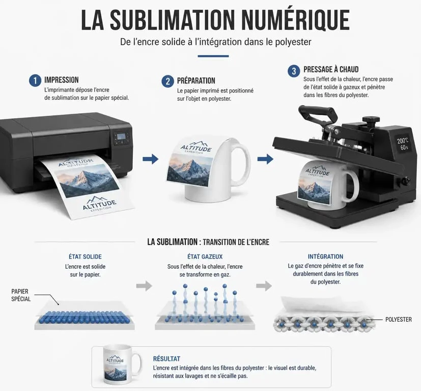 Schéma explicatif du fonctionnement d'une imprimante sublimation pour la personnalisation d'objets