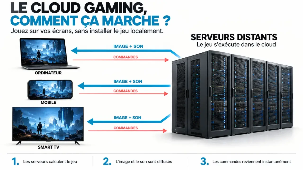 Schéma du fonctionnement du Blacknut cloud gaming entre serveurs distants, ordinateur, mobile et Smart TV