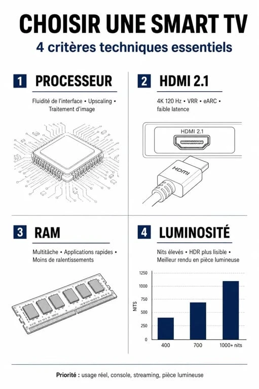 Infographie des critères techniques pour bien choisir sa Smart TV et ses avis d'experts