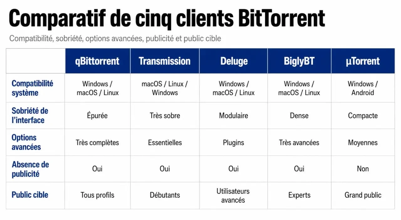 Comparatif du meilleur logiciel torrent avec qBittorrent, Transmission, Deluge, BiglyBT et Folx