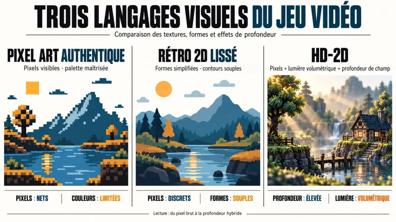 Pixel art jeux vidéo, rétro 2D et HD-2D comparés visuellement