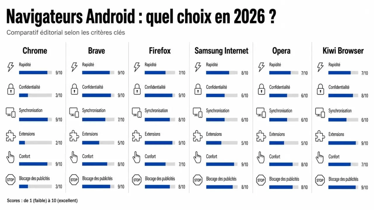 Meilleur navigateur pour Android : comparaison visuelle de Chrome, Brave, Firefox, Samsung Internet, Opera et Kiwi Browser