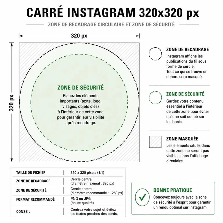 Schéma technique de la zone de sécurité pour une photo de profil Instagram réussie
