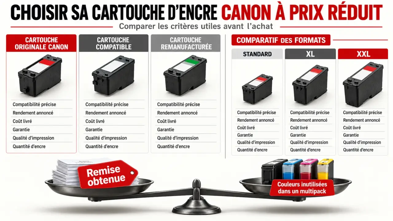Infographie pour choisir une cartouche encre pas cher Canon entre originale, compatible, remanufacturée et formats XL