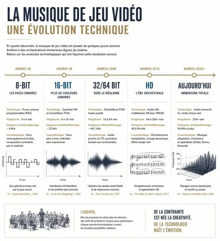 Infographie sur l'évolution de la musique de jeu vidéo, du chiptune à l'orchestral