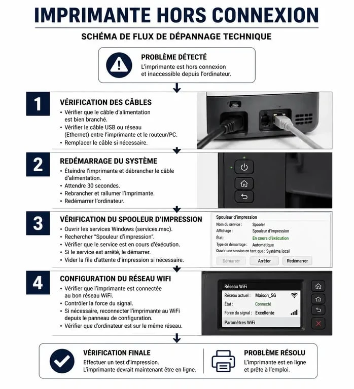 Infographie des étapes de dépannage pour une imprimante hors connexion