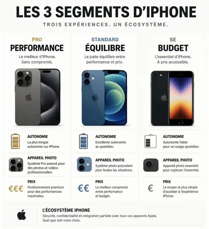 Infographie comparative des modèles d'iPhone pour choisir le meilleur iPhone selon ses besoins