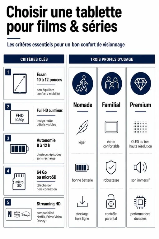 Quelle tablette pour regarder des films : infographie comparative des critères essentiels et des profils d’usage