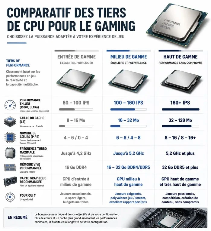 Infographie comparative des meilleurs processeurs gaming : Ryzen 7 9800X3D vs Intel Core i9-14900K