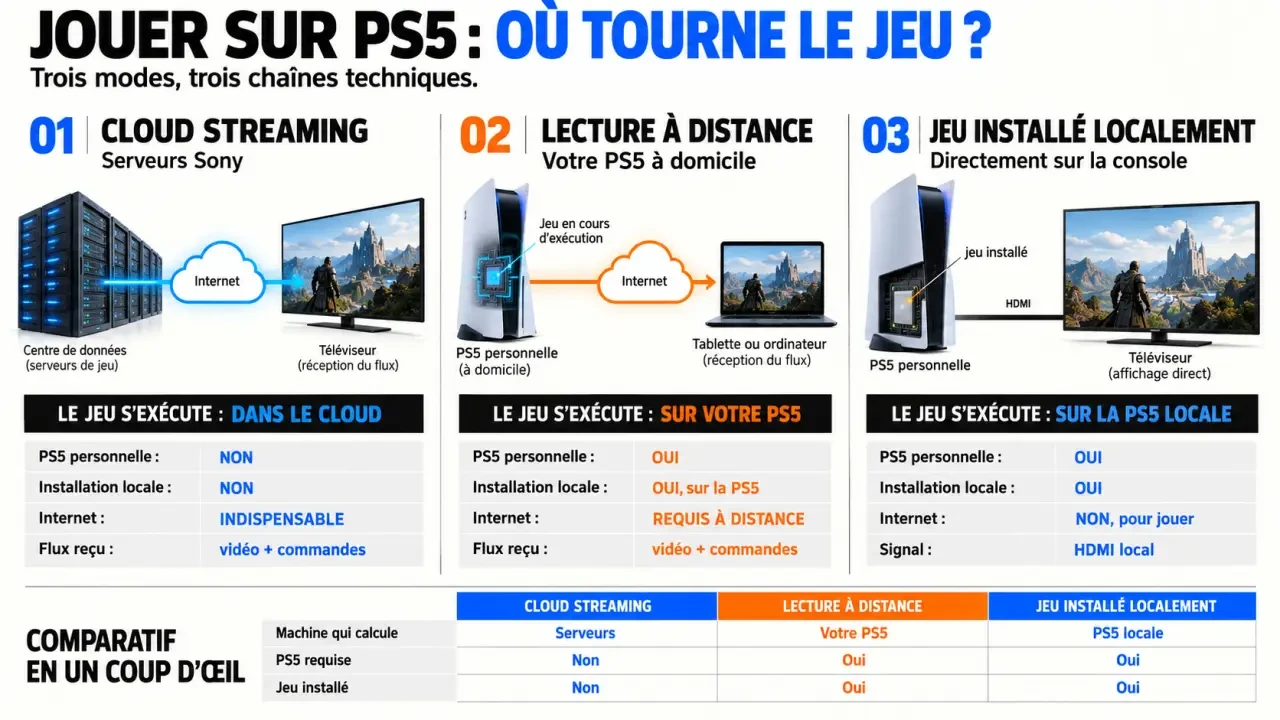 Schéma comparatif du cloud gaming PS5, de la lecture à distance et du jeu installé localement