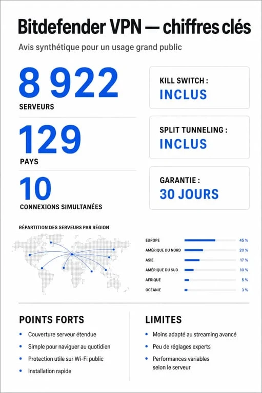 Avis VPN Bitdefender : infographie sur les serveurs, les fonctions de sécurité, les limites et les tarifs