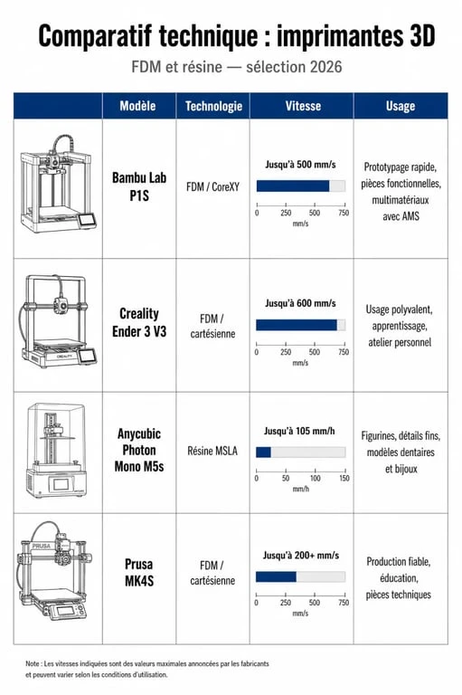 Tableau comparatif des meilleures imprimantes 3D : Bambu Lab, Creality, Anycubic et Prusa pour choisir son modèle.