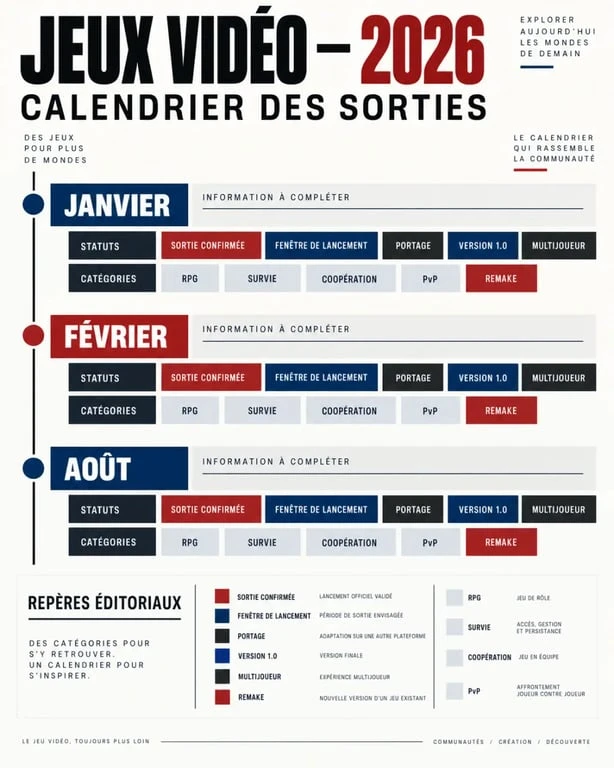 Infographie du calendrier des jeux vidéo 2026 avec dates, genres et statuts de sortie