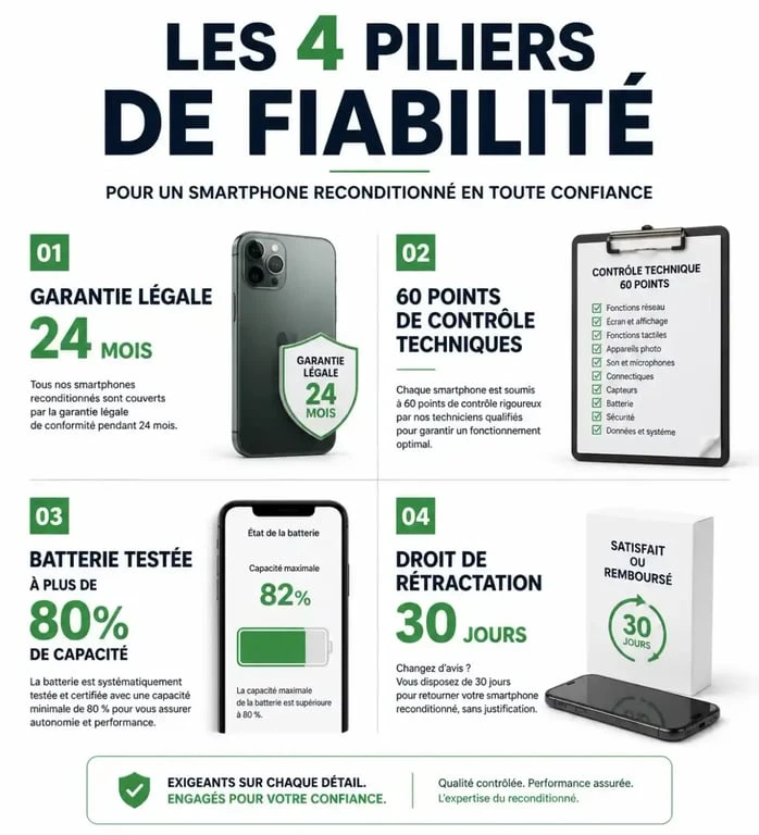Infographie des critères de fiabilité pour le meilleur site de smartphone reconditionné