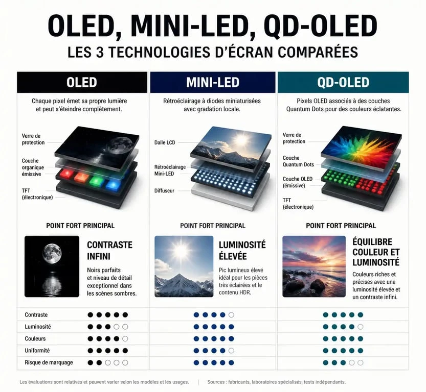 Infographie comparative des technologies d'écran OLED, Mini-LED et QD-OLED pour choisir le meilleur TV