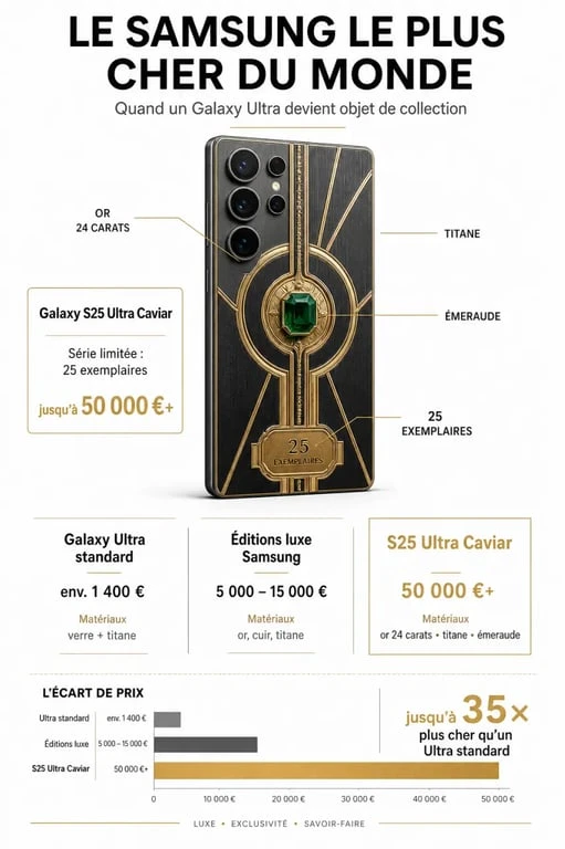 Infographie sur le Samsung le plus cher du monde avec comparaison des prix et des éditions Caviar les plus luxueuses